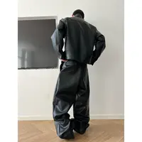 dannyandzee秋季复古宽松百搭毛边拼接PU皮痞帅vibe工装套装819