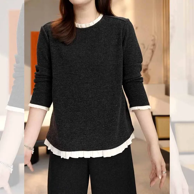 宽松显瘦内搭打底上衣女秋季新款胖MM大码女装减龄法式假两件T恤