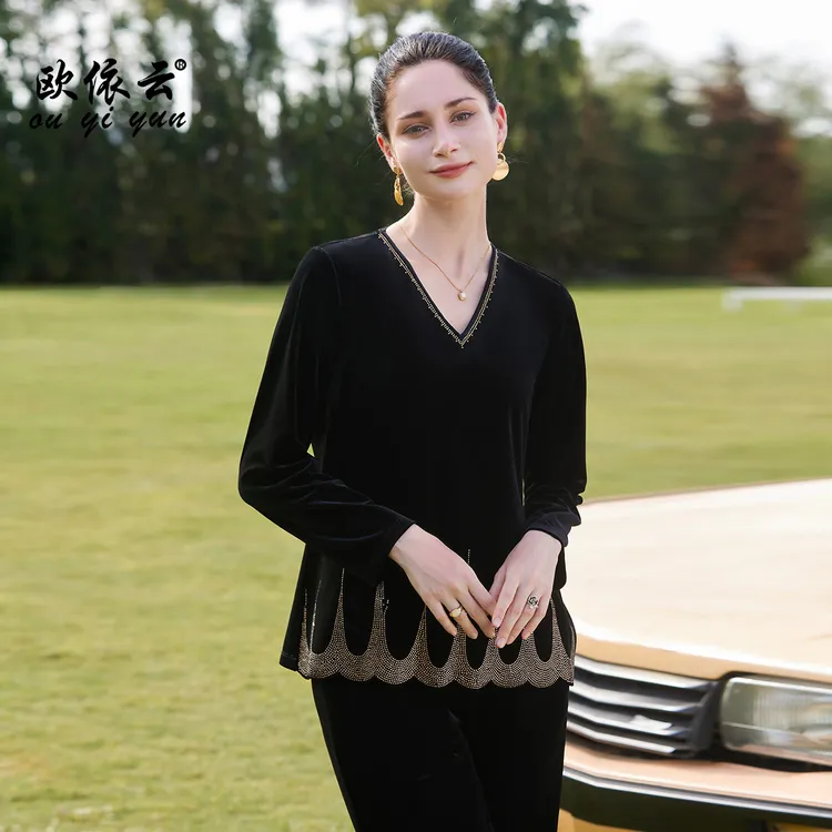 52577欧依云高贵优雅气质上衣修身显瘦洋气中年妈妈秋装打底女衫