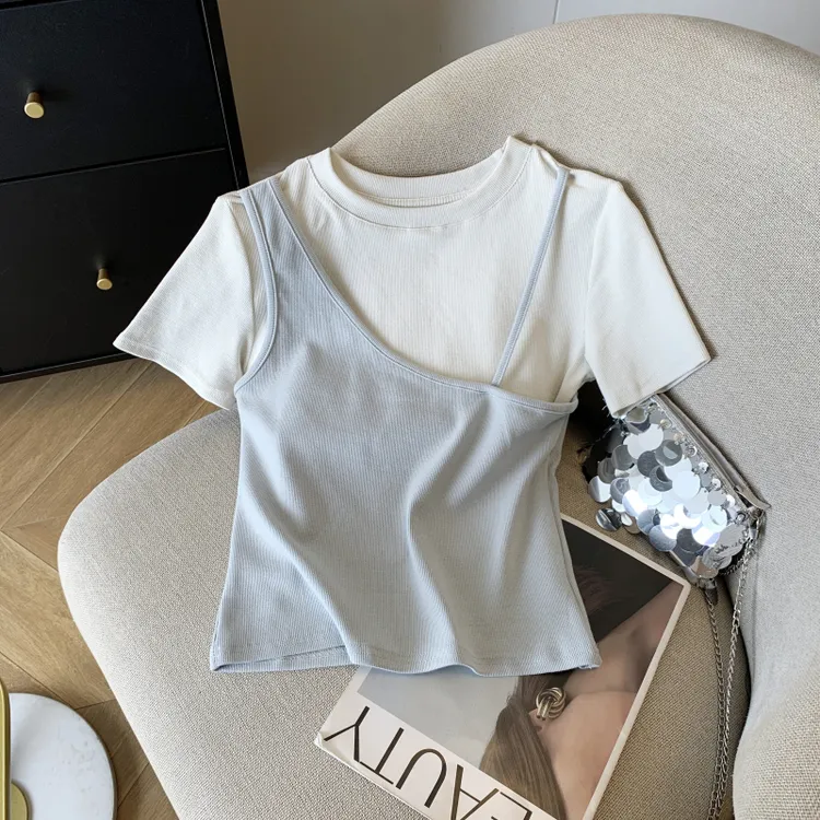设计感小众假两件百搭短袖T恤女夏季爆款洋气别致漂亮短款上衣服