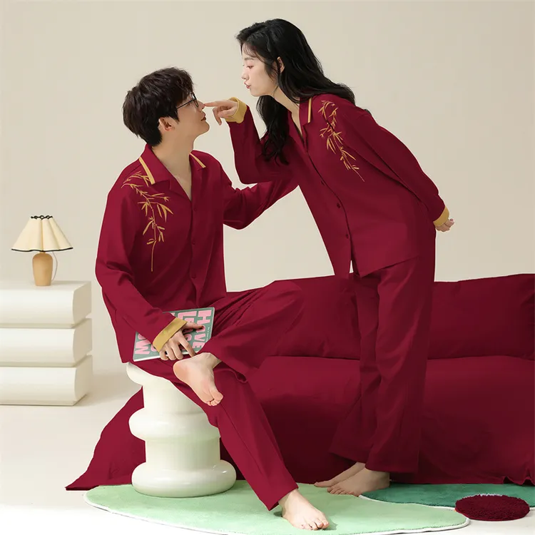 情侣睡衣秋冬款大红纯棉女长袖开衫翻领家居服男士结婚本命年套装
