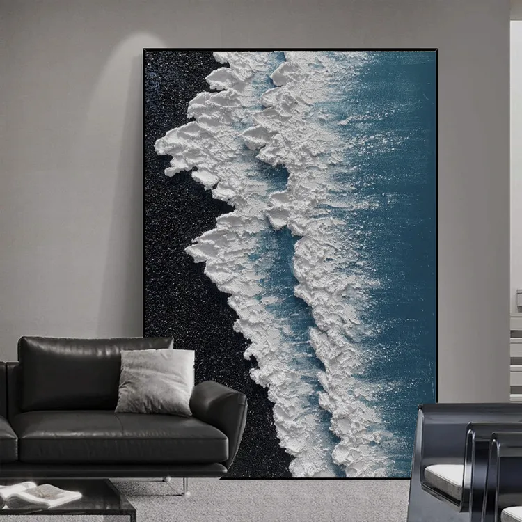 黑蓝色海浪 手工油画客厅挂画入户玄关壁画装饰画沙发肌理画现代