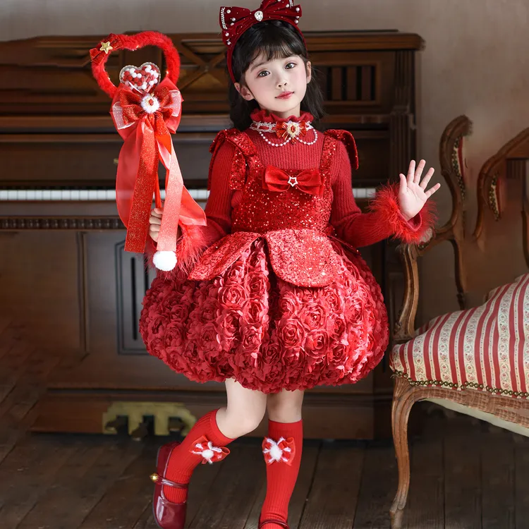 【加绒】女童洛丽塔连衣裙冬装红色儿童圣诞新年战袍礼服裙TH2510