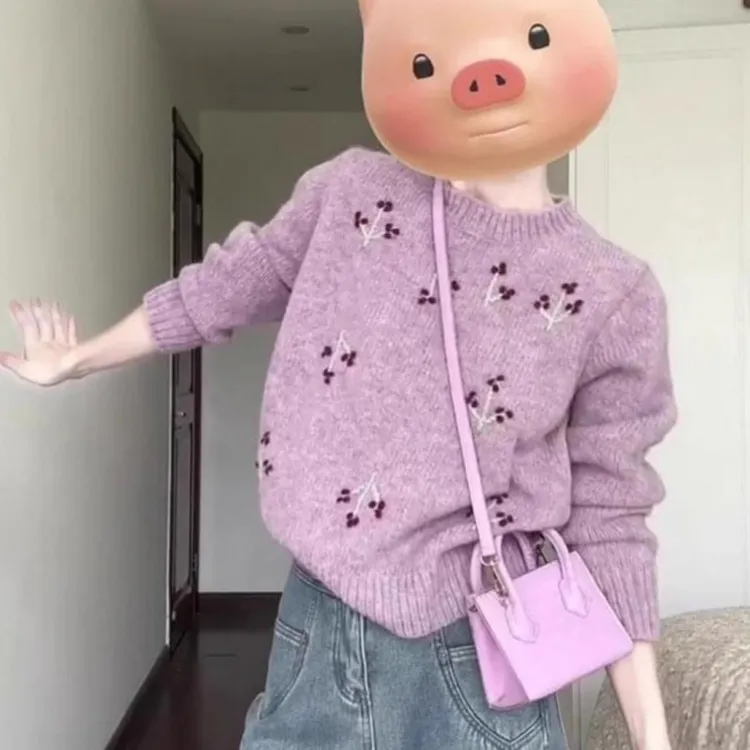 复古圆领刺绣毛衣秋冬网红洋气炸街女装针织衫洋气别致独特小上衣