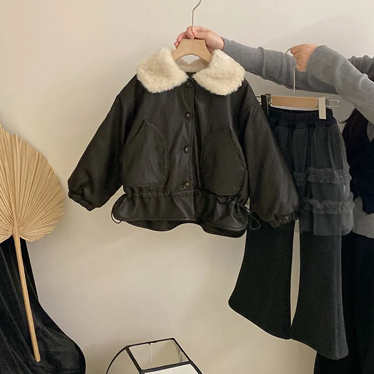 【安安家】韩版女童冬季新款加绒毛领皮质裙边外套女宝宝潮Z-YCS01