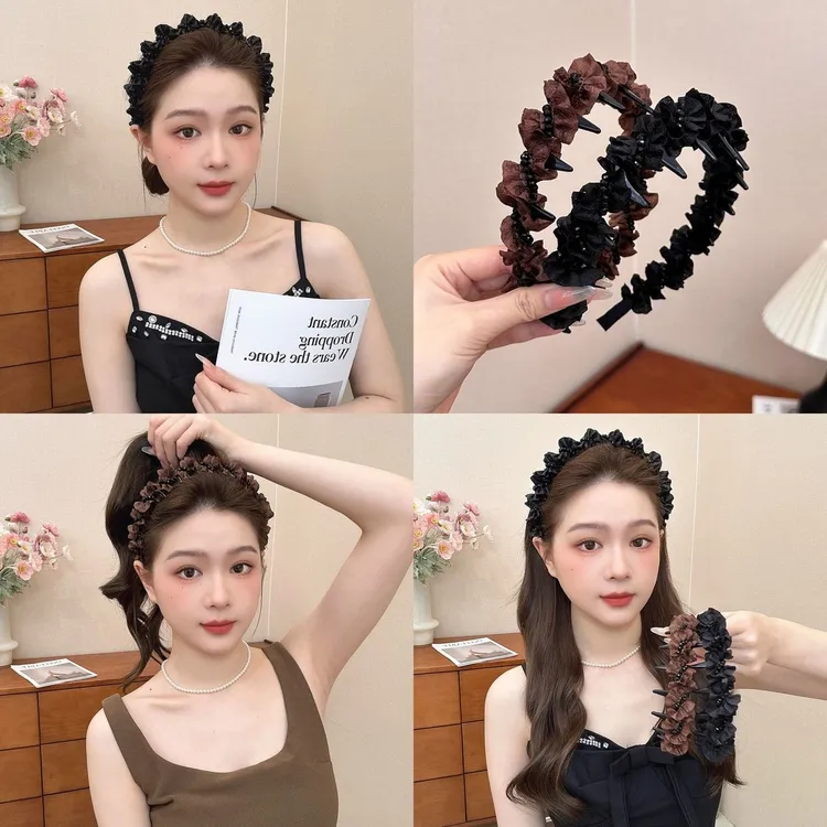褶皱木耳边齿梳发箍女简约通勤日常防滑洗脸头箍压发卡高颅顶发饰