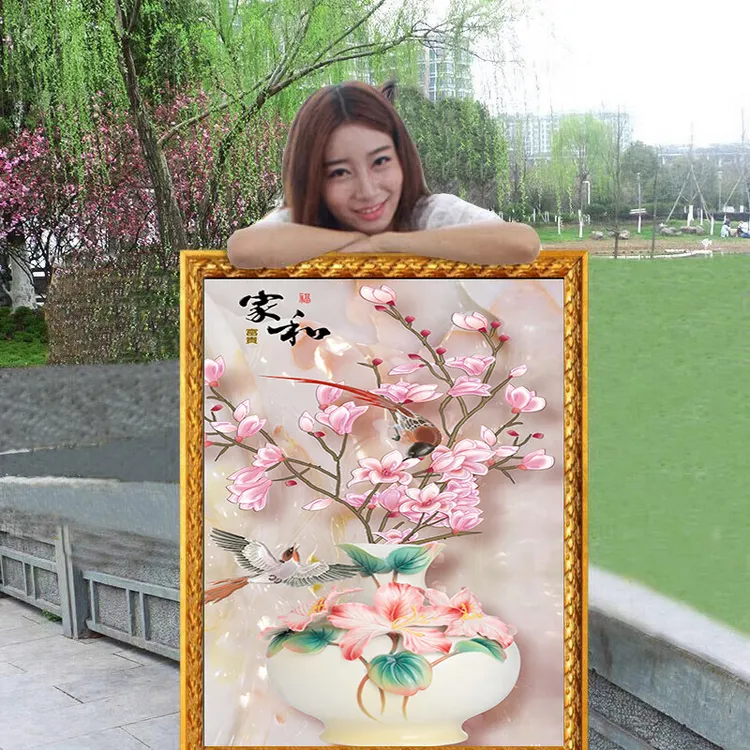 家和富贵平安2025年新款手工刺绣十字绣线绣客厅入户玄关竖版花瓶