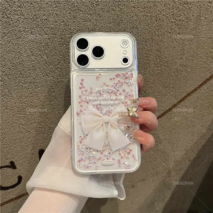 镭射闪晶晶流沙亮片蝴蝶结适用苹果17promax手机壳精孔保护苹果16