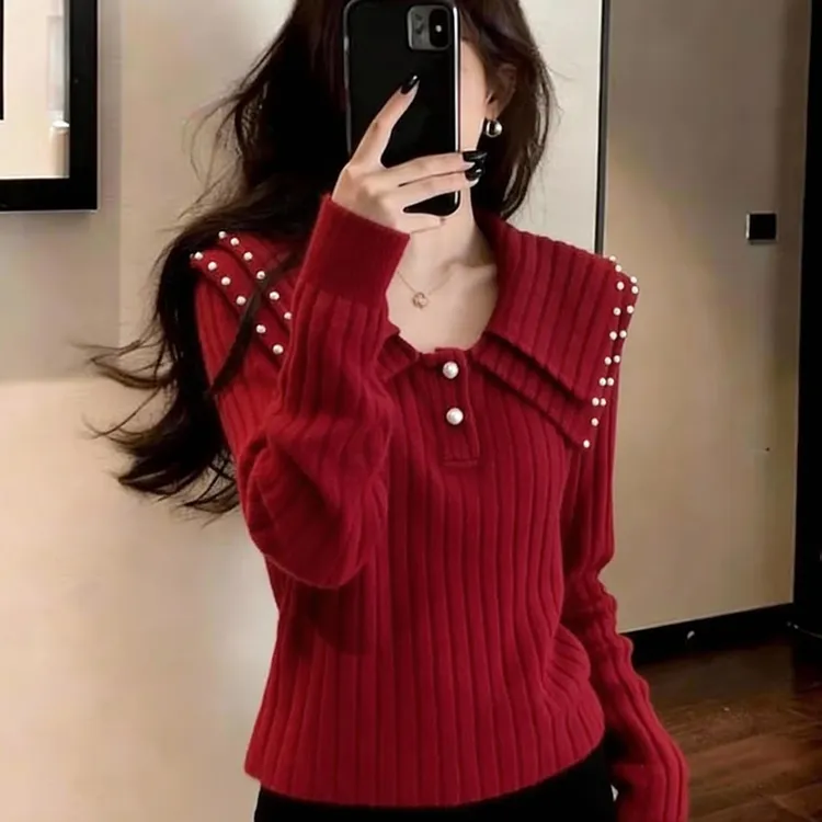 大码复古显白红色针织翻领上衣2026新款软糯舒适通勤风显瘦女装