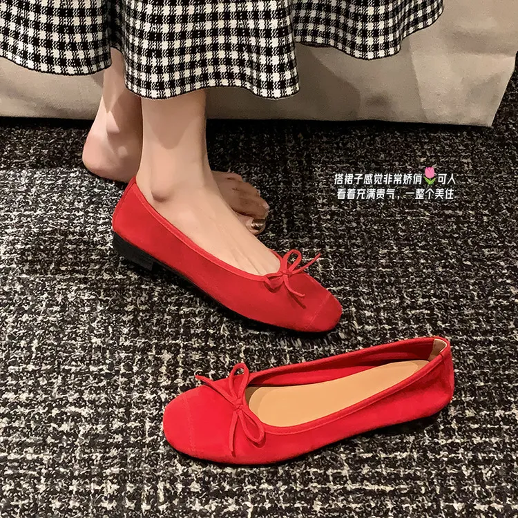 法式温柔平底芭蕾舞鞋2025春季真皮女鞋红色软底玛丽珍浅口女单鞋