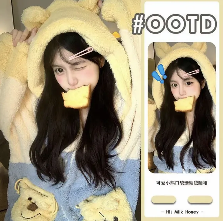 维尼小熊噗噗冬季连帽不褪色不起球女厚款睡衣秋冬季情侣套装睡袍
