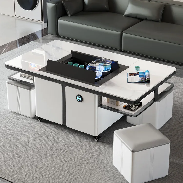 升降功夫茶几移动客厅奶油风功能茶台家用办公室轻奢现代智能泡茶