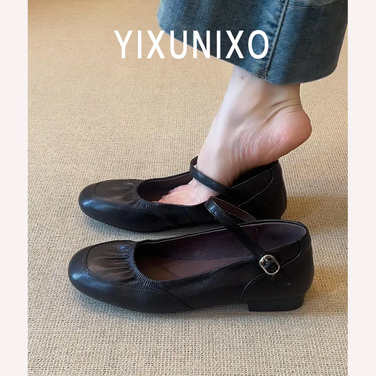超软小羊皮~复古浅口一字扣低跟纯色圆头通勤单鞋女平底玛丽珍鞋