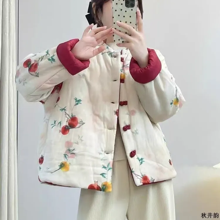 女生中国风碎花棉袄冬季女装中式复古棉服夹棉加厚棉衣两面穿外套