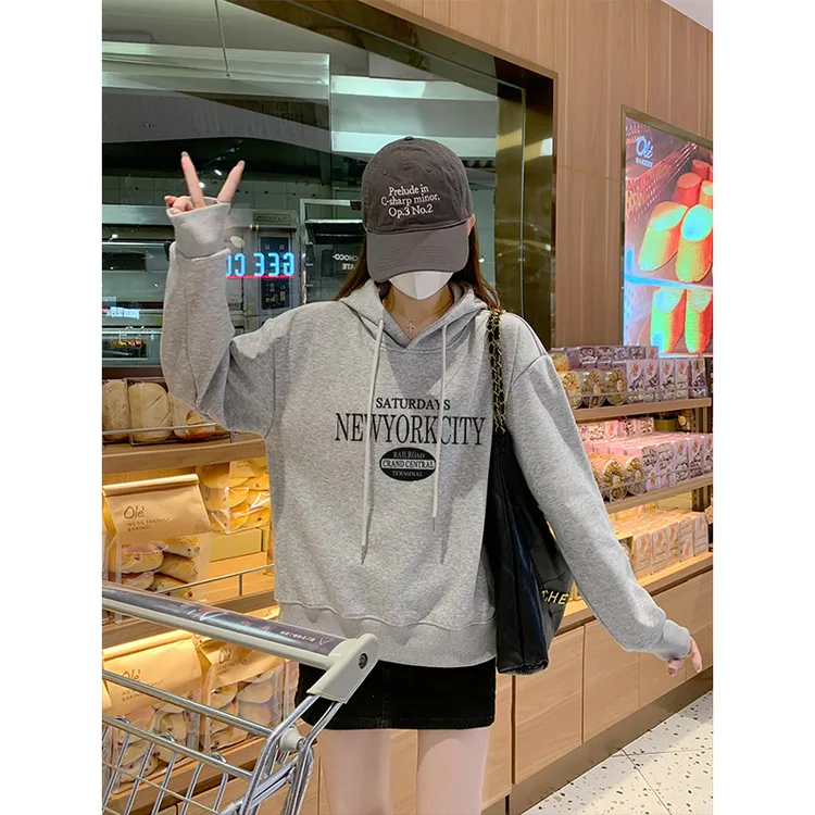 短款连帽卫衣女2025秋冬新款加绒加厚爆款印花上衣小个子套头外套