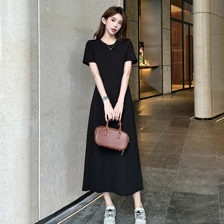 老钱风女装2025年新款韩版时尚休闲显瘦长款打底裙短袖黑色连衣裙