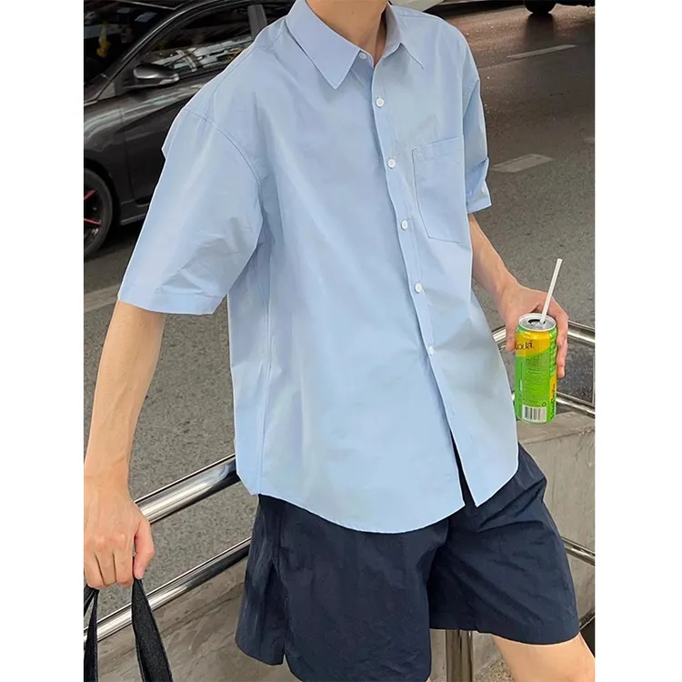天蓝色冰丝衬衫短袖男款夏季日系少年感穿搭七分袖衬衣dk男生制服