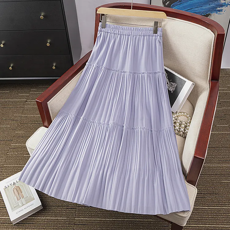 夏季紫蓝色凉爽时尚半身裙雪纺百褶2025新款爆款大码法式高腰褶裙