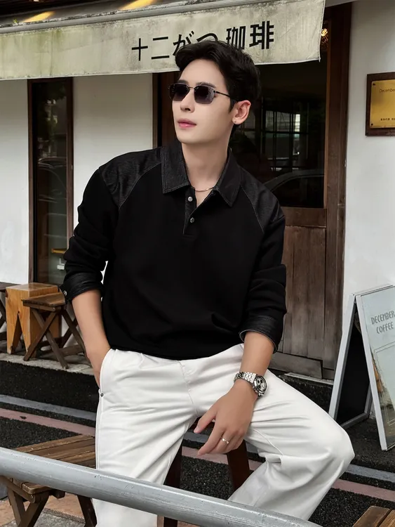 「极简拼接设计感」秋冬高支精棉混纺翻领定制拼色松弛感休闲POLO衫