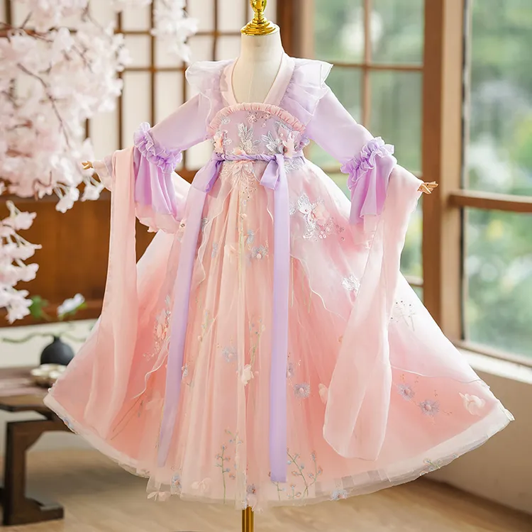 女童中秋节舞蹈裙2024秋季新款儿童汉服连衣裙民族古装公主裙秋