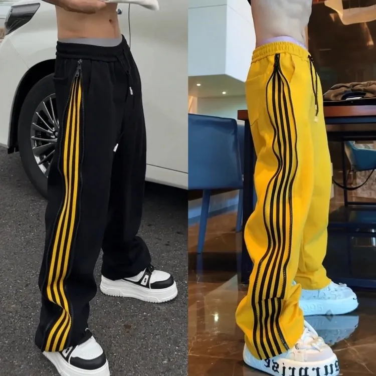 春季新款侧边条纹双拉链设计男士休闲裤宽松抽绳松紧腰休闲运动裤