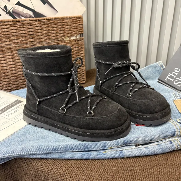 小雨家【韩版】冬季绑带时尚百搭休闲加绒保暖加厚中筒短靴棉鞋