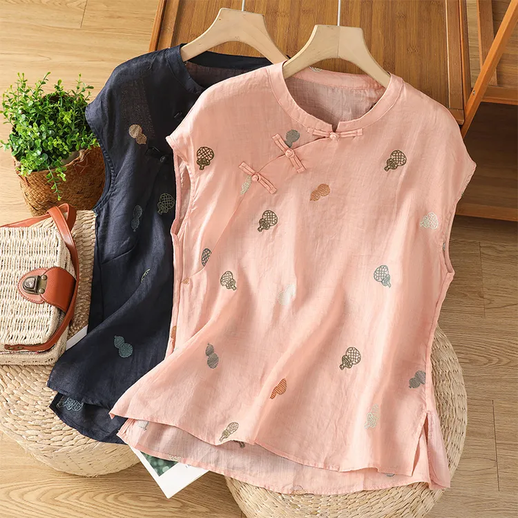 新中式国风刺绣苎麻短袖衬衫女夏季高端洋气减龄显瘦亚麻小衫上衣