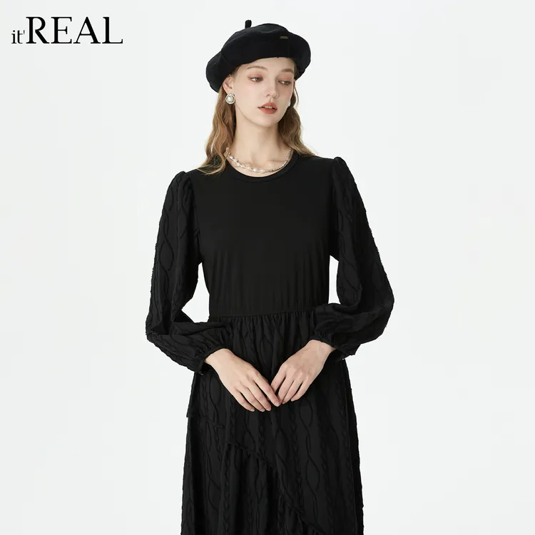 It'real瑞尔春秋提花工艺a字版型复古肌理提花连衣裙1761540008