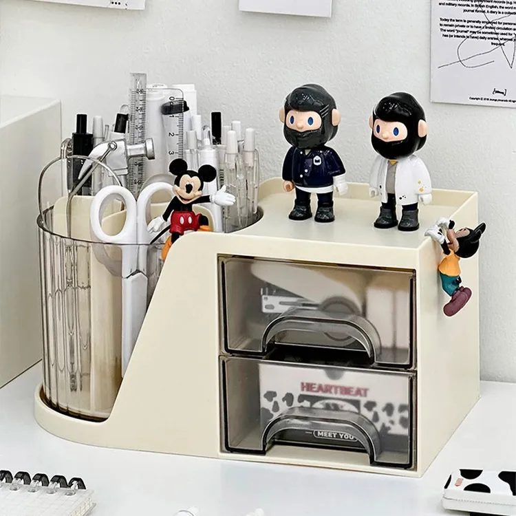 360度可旋转笔筒ins多功能抽屉式笔筒大容量桌面透明化妆刷收纳筒