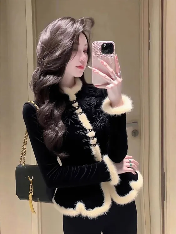 新中式黑色加绒衬衫女冬高级感时髦洋气减龄巨好看保暖厚毛绒上衣