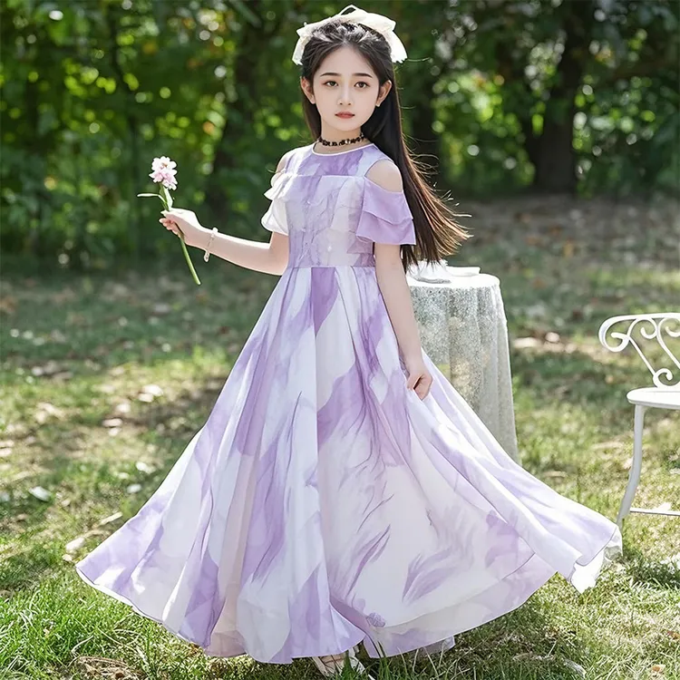 女童连衣裙2025夏季新款碎花露肩沙滩雪纺裙洋气小女孩绝美公主裙