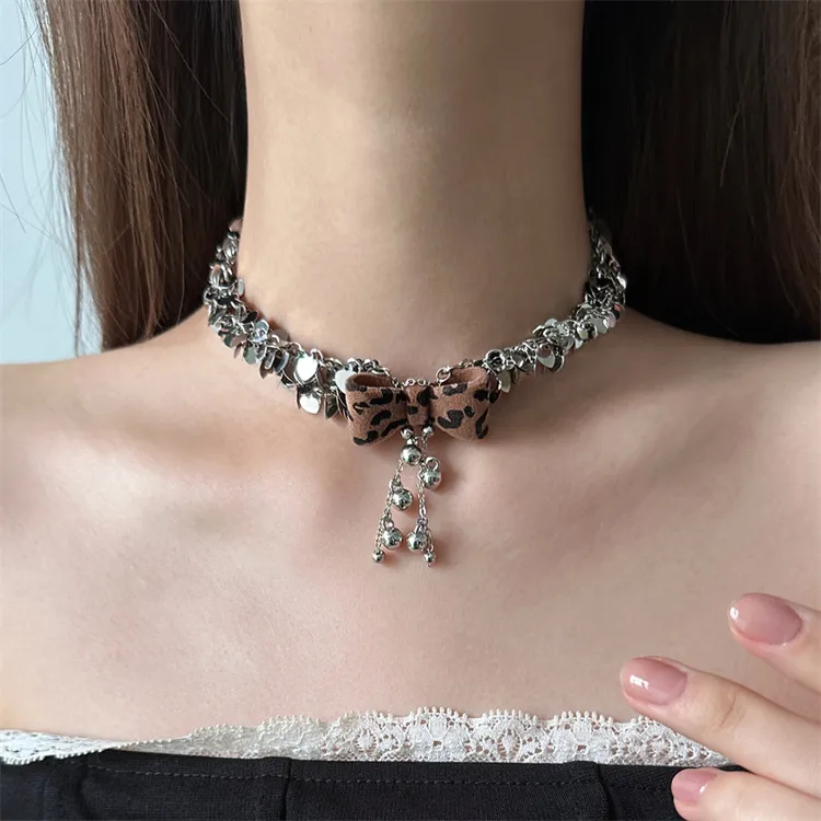 合金项链 X6083-1复古美拉德豹纹蝴蝶结流苏choker小众设计感项链