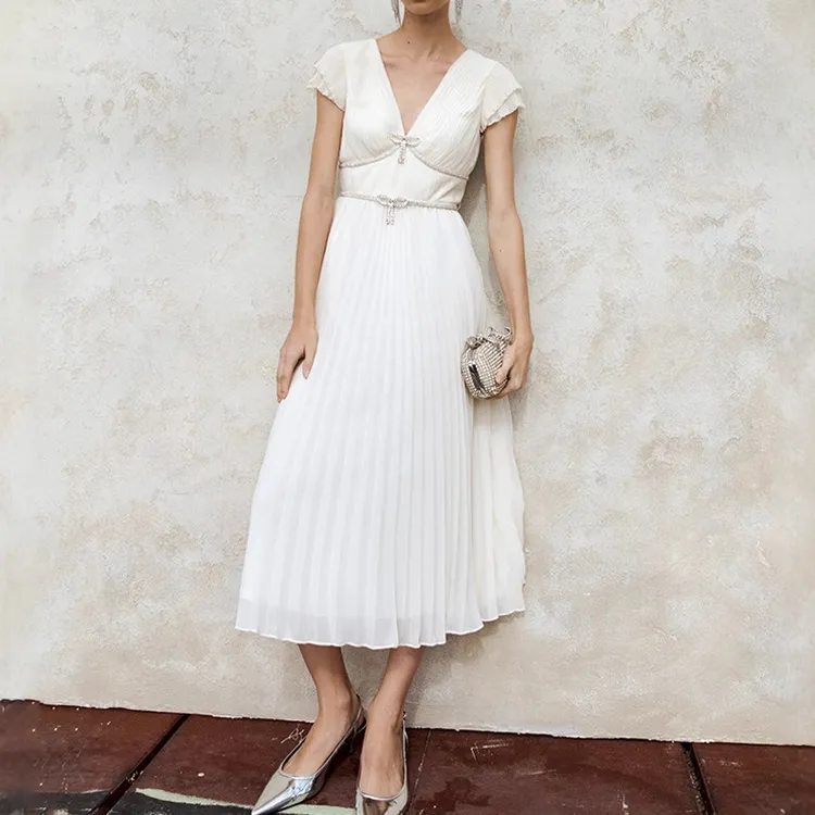 2025夏英国小众法式优雅气质连衣裙钻饰蝴蝶结修身越南小众连衣裙