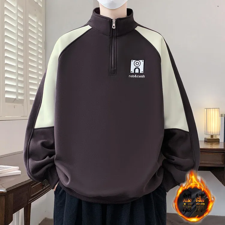 半拉链立领卫衣男秋冬季结构分割加绒加厚外套青少年刺绣休闲上衣