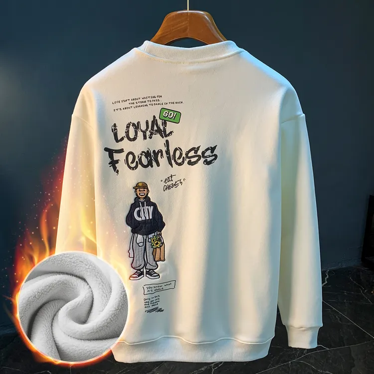 休闲圆领卫衣男加绒加厚刺绣宽松长袖上衣潮流新款大码保暖打底衫