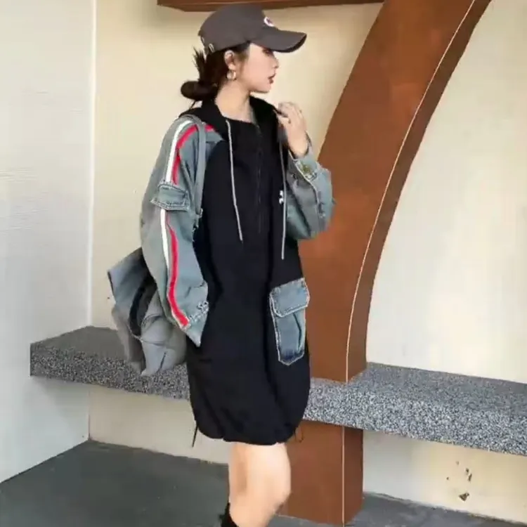 拉链拼接牛仔卫衣百搭韩版休闲时尚