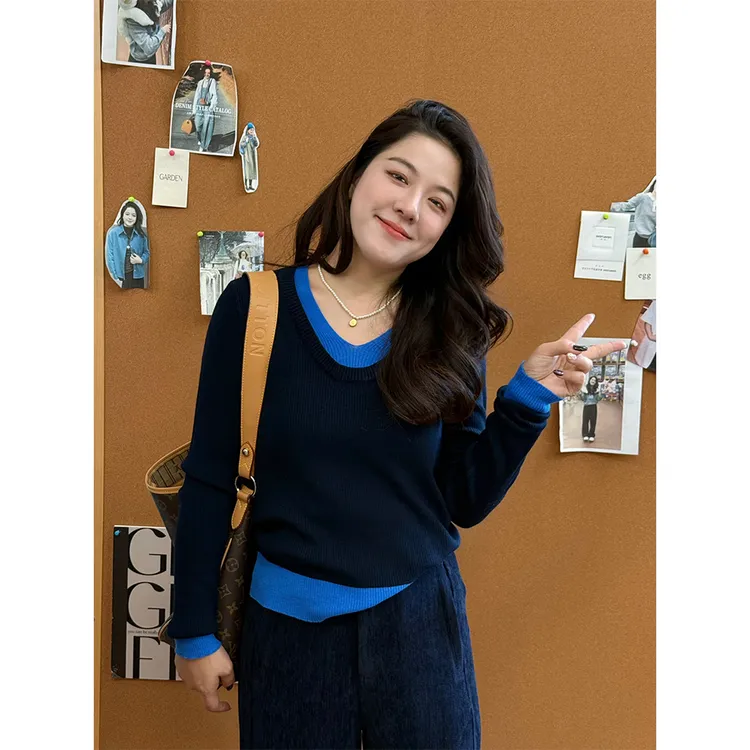 WenWen小个子撞色拼接V领针织衫假两件显瘦2025秋季新款上衣4411