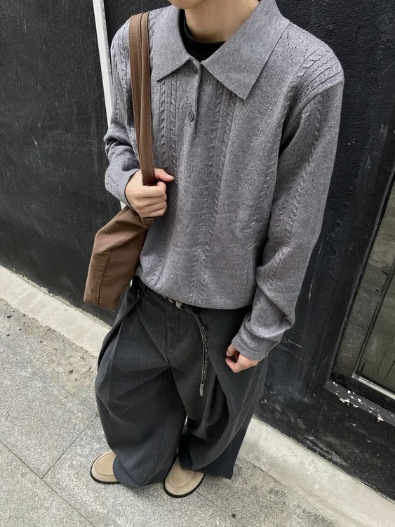 灰色老钱风麦穗提花针织polo衫男款秋冬cleanfit重磅老钱风外套