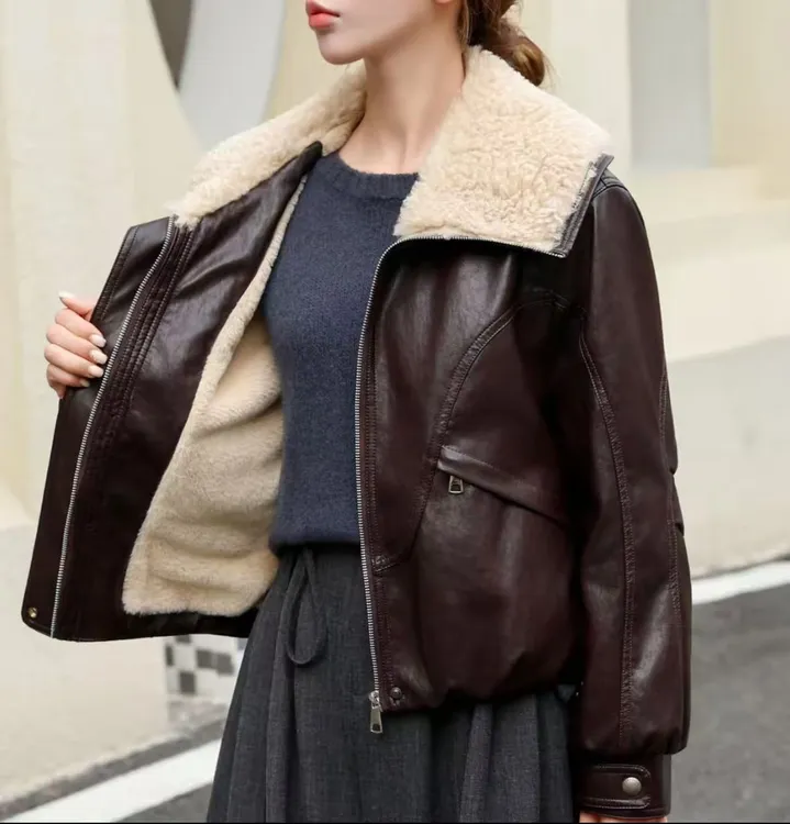 "毛绒翻领”加绒加厚保暖皮衣外套2025秋冬新款上衣2337