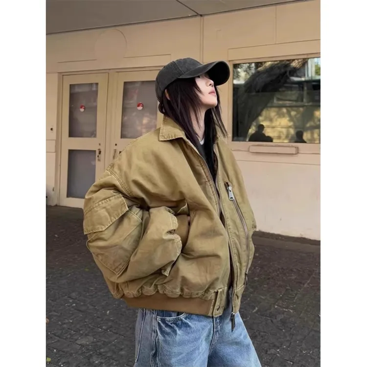 机卡其翻领夹克男子的春季美国覆古工作服上衣短廓形巴恩风格夹克