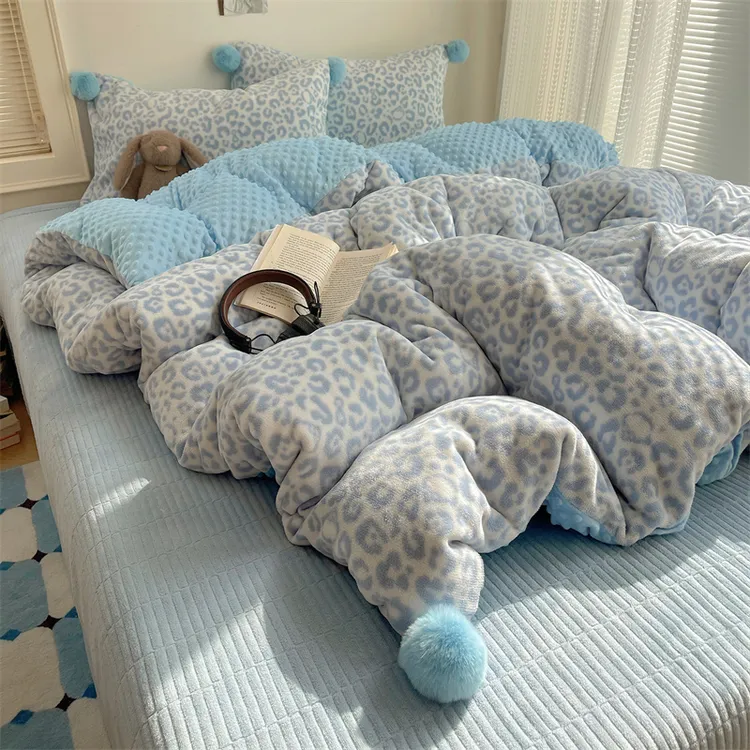 韩系毛球豆豆绒牛奶绒床盖四件套冬季加厚双面绒床上被罩被套床单