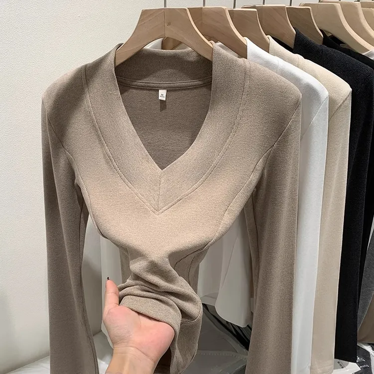 V领修身内搭打底衫女秋冬季网红新款内搭辣妹可外穿磨毛长袖上衣