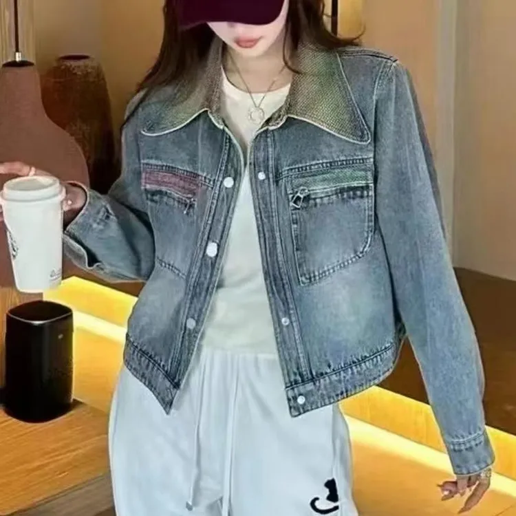 短款牛仔外套女2025春装小个子撞色工装渐变色复古polo领夹克上衣