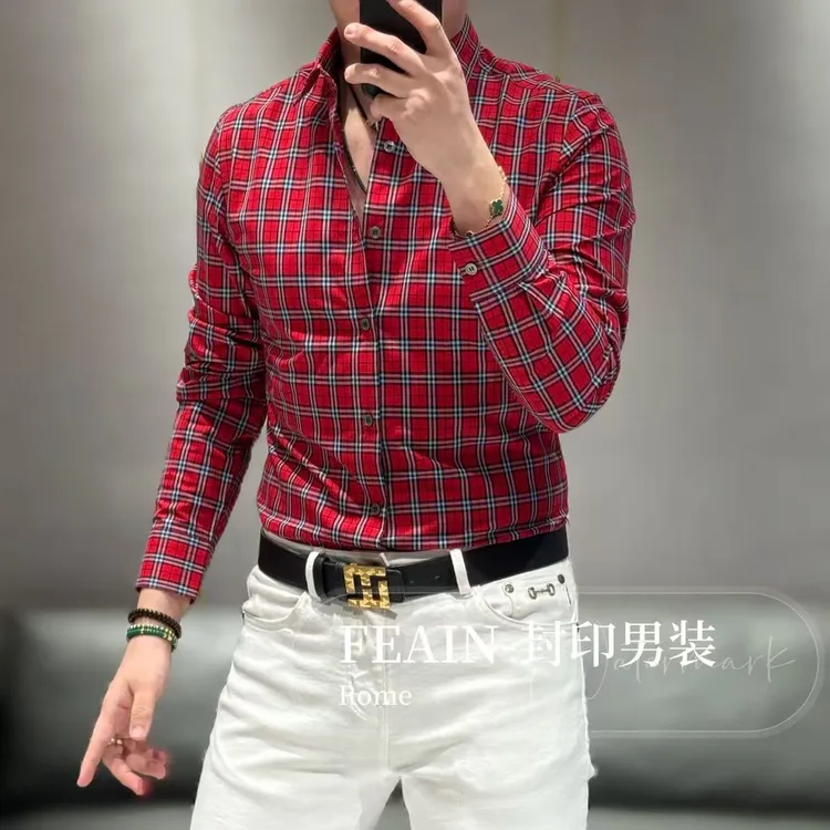 【100%棉】高端定制经典撞色格纹设计修身裁剪长袖衬衫25603