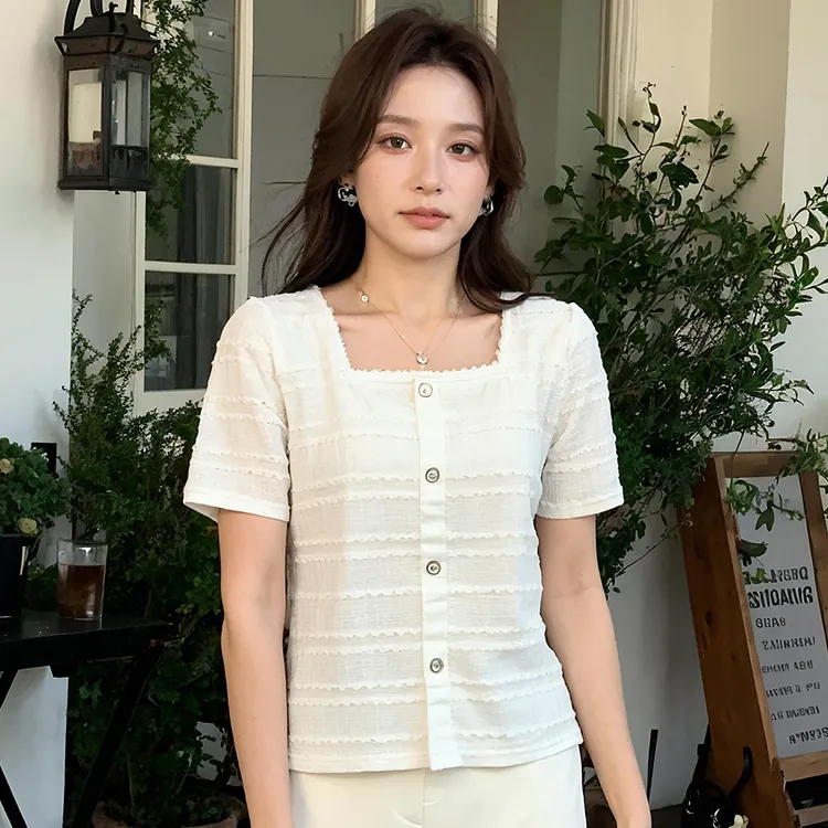 奢姿大码女装2025夏季胖妹妹时尚蕾丝方领气质短袖纹理设计上衣