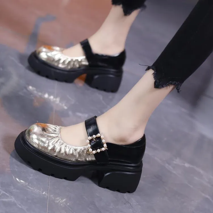 设计感厚底圆头JK玛丽珍高跟小皮鞋女2025新款拼色粗跟一字扣单鞋