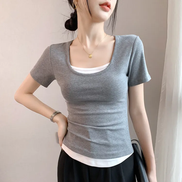 假两件正肩短袖T恤女夏季U领拼接打底出游修身上衣优质棉体恤春秋