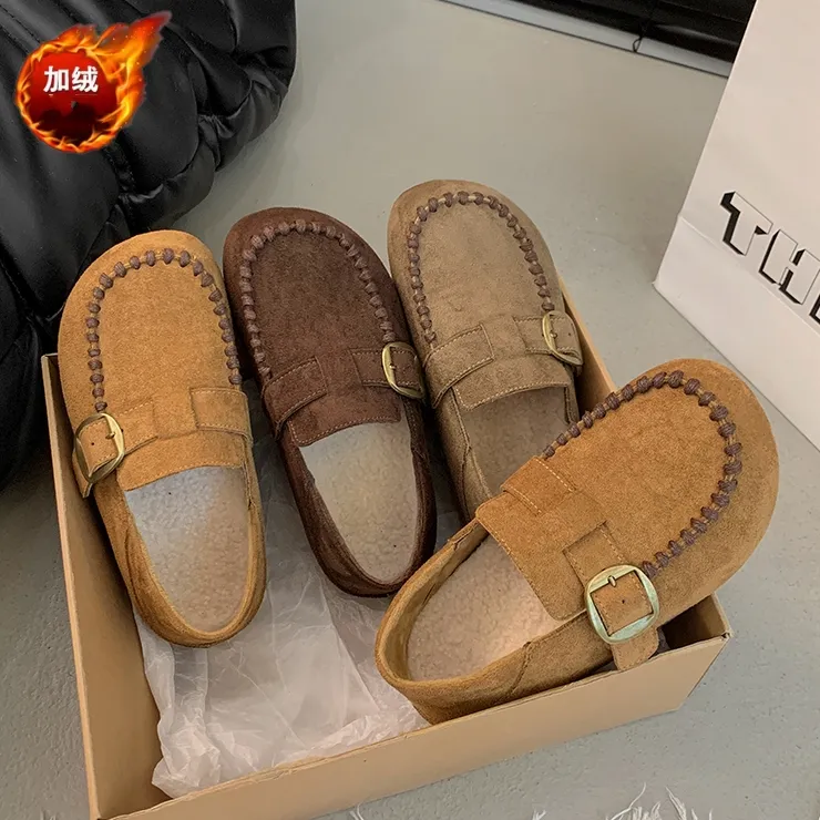 爆款复古勃肯加绒棉鞋女全包2025秋冬新款一脚蹬豆豆鞋百搭乐福鞋