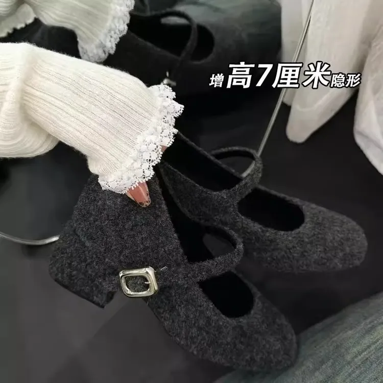 小个子7cm内增高复古毛呢子女鞋方头一字带粗高跟玛丽珍浅口单鞋