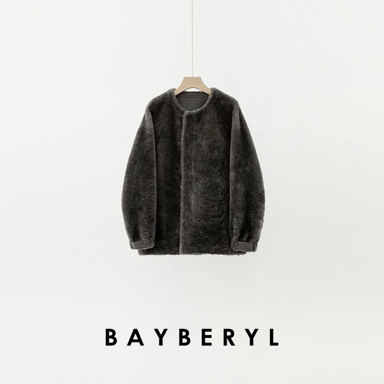 领券-BAYBERYL老贝罗马灰*圆领暗门襟宽松厚冬一体皮衣PY5J1104